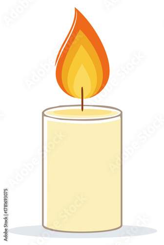 Cartoon candle with a lit flame. Illustration of wax cylinder with burning wick and warm glow.