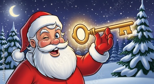 Winking Santa Claus Holding a Glowing Golden Key in a Snowy Christmas Night Scene