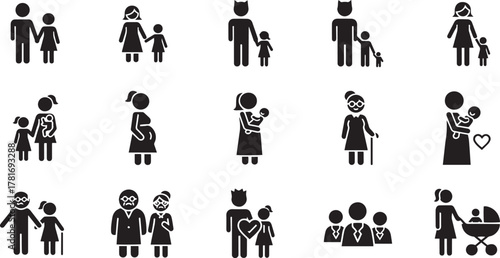 Family Icon Array: A collection of simple silhouette icons depicting various family structures and relationships, perfect for representing familial concepts and designs.