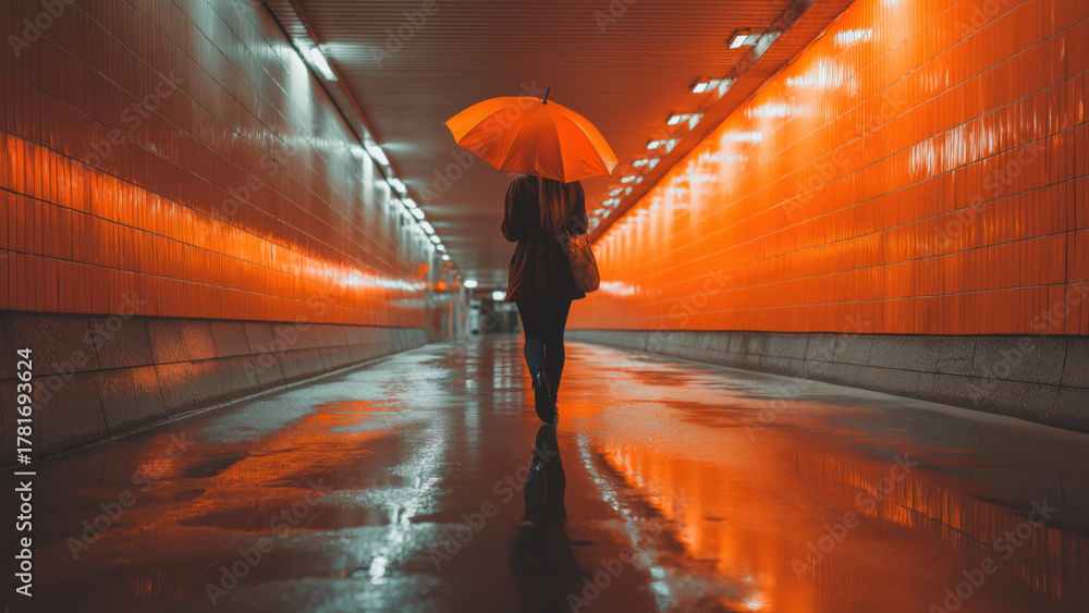 Fototapeta premium Woman walks in a bright orange tunnel with an umbrella, created AI