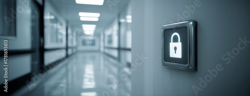 Security lock button on wall in healthcare corridor with blue tones  
