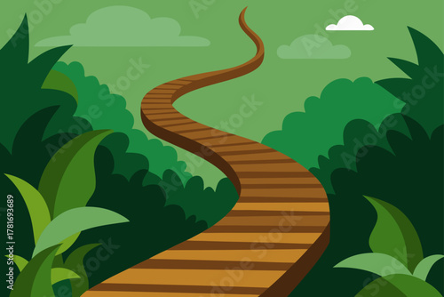 Wooden Pathway Leading Through Jungle