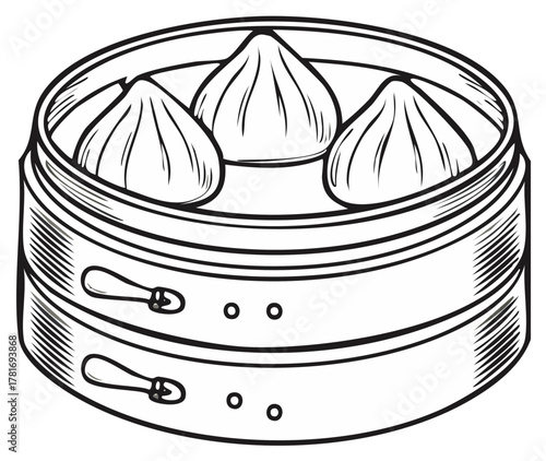 Steaming hot Chinese dumplings in a bamboo steamer sketch, traditional Asian food