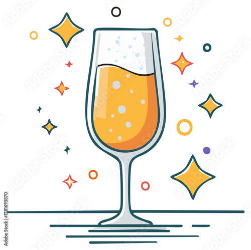 Celebration time champagne glass with sparkling stars. Party, new year design