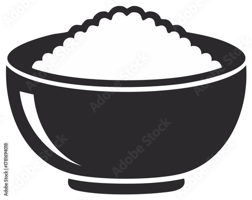 Black bowl filled with fluffy white contents, food ingredient or snow, graphic illustration