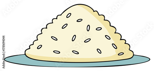 Pile of cooked rice grains in cartoon style on a blue plate for food.