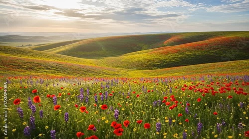 Vibrant Rolling Hills Covered in Wildflowers at Sunrise.