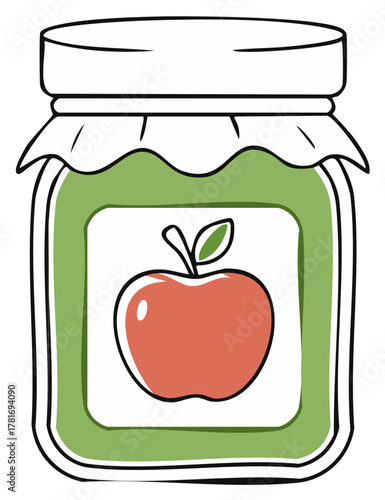 Illustration of a jar of apple jam, with a green rim, white lid, and fruit label, cartoon style.