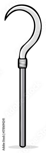 Cartoon illustration of a curved metal hook with a handle