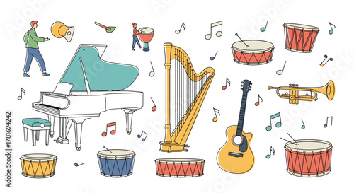 A vibrant collection of musical instruments, including a grand piano, harp, guitar, drums, and trumpet, surrounded by musical notes and small figures.
