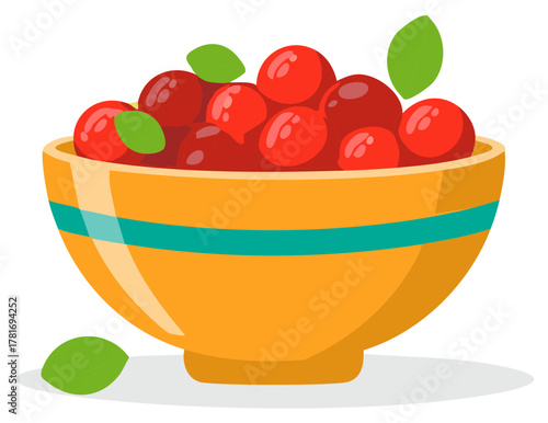 Ripe Cherries in a Yellow Bowl with Green Leaves Fresh Fruit Dessert Illustration