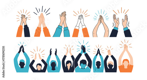 A vibrant collection of hands and diverse individuals enthusiastically clapping and cheering, symbolizing success, support, and celebration.