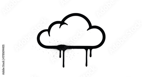 A black outline of a stylized cloud with paint drips and spray splatters, evoking a unique graffiti or street art aesthetic on a white background.