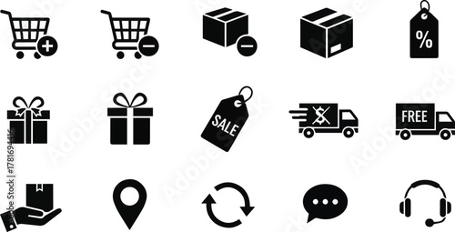 Shopping Icons: A collection of various shopping icons in black. A set of symbols with different designs