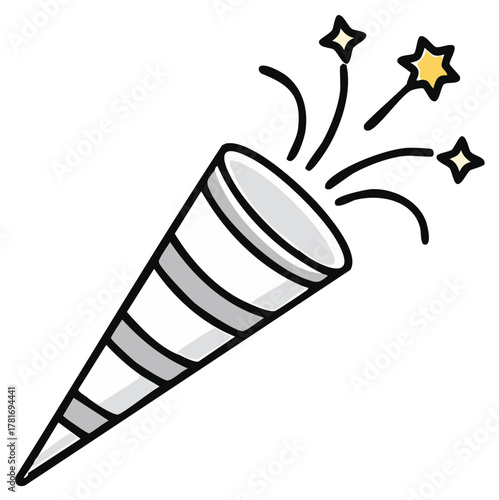 Cartoon illustration of an exploding party popper with decorative stars for festive celebrations