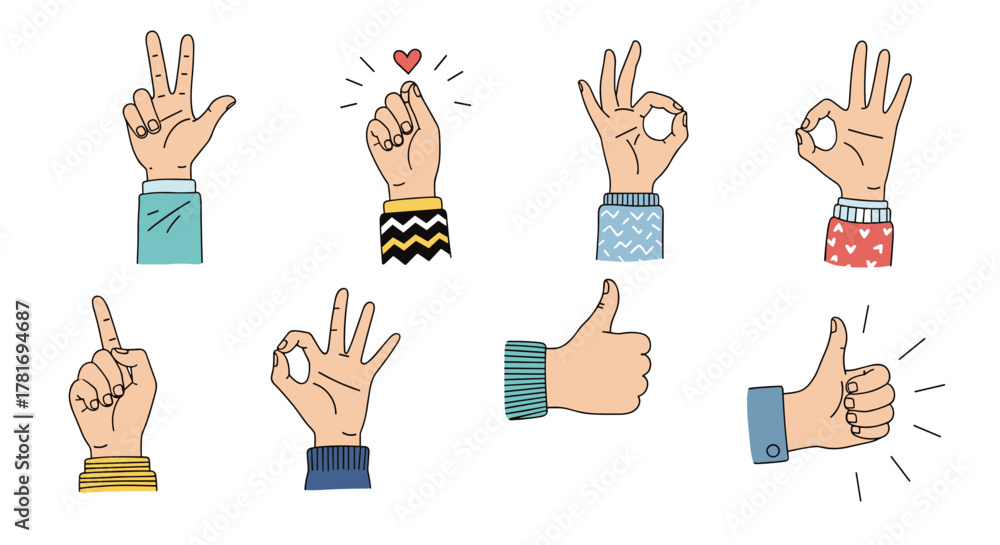 Fototapeta premium A collection of diverse cartoon hands illustrating various popular positive gestures like peace, OK, thumbs up, and finger heart on a white background.