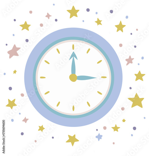 Illustrated clock with stars and a celestial design for a dreamy theme.