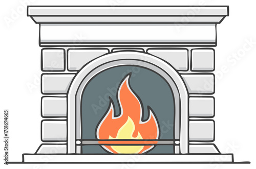 Cartoon Fireplace with Burning Flames, Fireplace Mantel and Hearth in Gray Bricks
