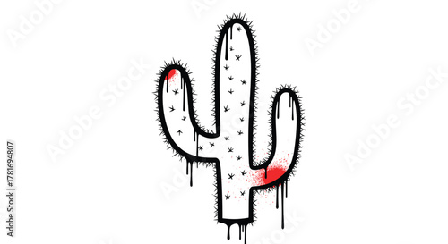 White saguaro cactus illustration with bold black outlines, thorny details, red graffiti spray paint, and dripping black ink effects, on a white background.