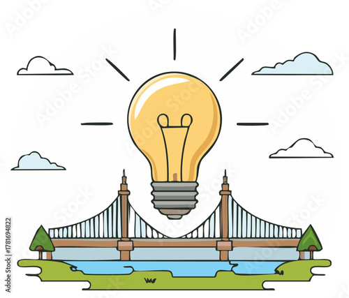 Bright light bulb illuminating a suspension bridge with clouds and trees in a scenic landscape