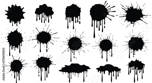 A versatile collection of black ink splatters, drips, and paint stains with an abstract, grunge aesthetic, isolated on a clean white background.