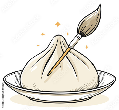 Creative cooking concept with a hand drawn dumpling and paintbrush on a plate