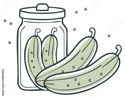 Illustration of pickled cucumbers in a glass jar and fresh cucumbers for preservation