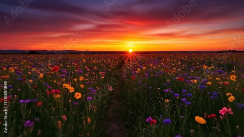 Vibrant Sunset Over a Field of Wildflowers.