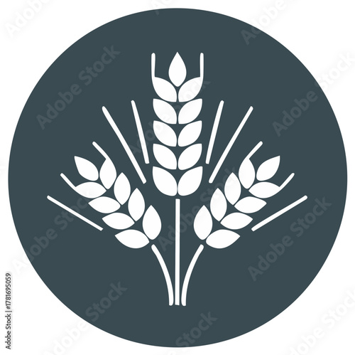 Simple white wheat stalks icon on a dark blue circle background representing agriculture