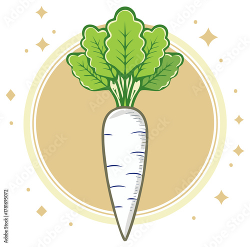 Stylized daikon radish with green leafy tops, round frame and sparkles