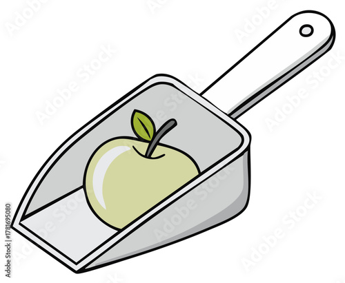 Fresh green apple fruit in a silver metal scoop cartoon style drawing
