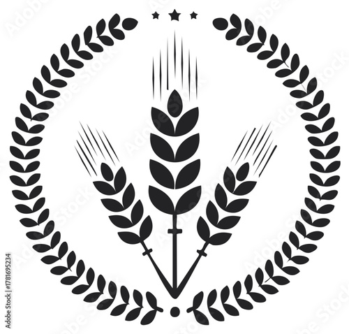 Elegant black silhouette of wheat spikes in a circular laurel wreath with stars, a symbol of harvest and premium quality
