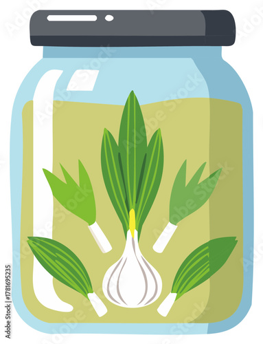 Jar of pickled garlic with fresh green leaves in an illustration.