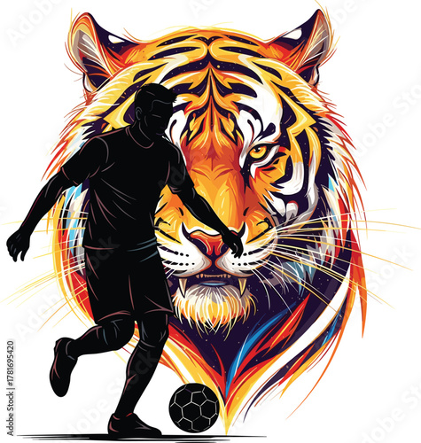 Abstract Vibrant Tiger Head with Soccer Player Silhouette Vector