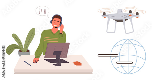Man at desk with headset assisting via call, quadcopter representing tech integration, and globe for worldwide connection. Ideal for customer service, technology, innovation, logistics, global