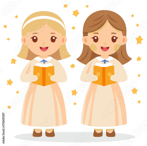 Two cute cartoon girls singing in a choir holding songbooks with festive stars