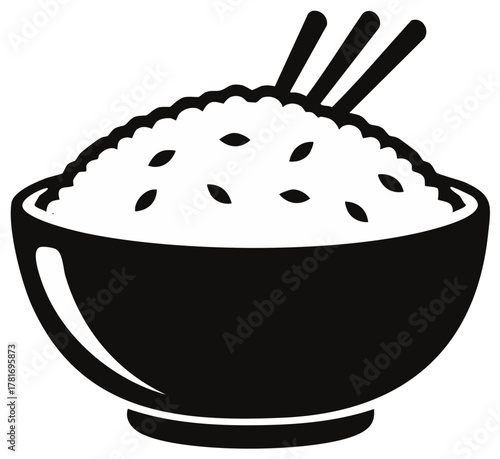 Bowl of rice with chopsticks, black and white minimalist food illustration.