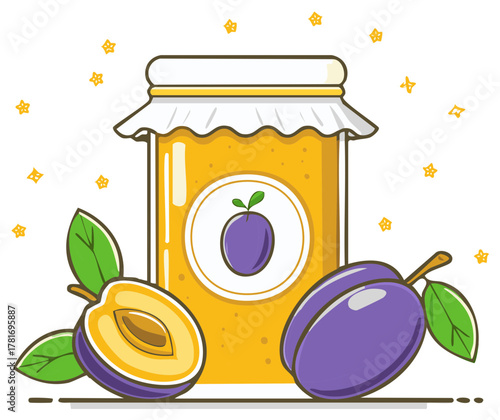 Cartoon Jar of Plum Jam with Fresh Plums, Delicious Homemade Fruit Spread