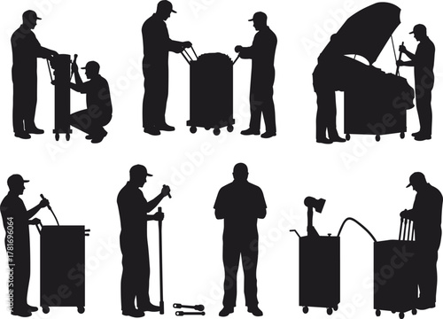 Auto technician silhouette, car diagnostics, battery testing, repair tools, diagnostic cart, vehicle maintenance, garage scene, mechanic work