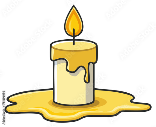 Simple cartoon illustration of a lit yellow candle with dripping and pooled melted wax