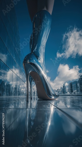 Futuristic Metallic High Heel Boots Reflecting Cityscape with Cloudy Blue Sky and Modern Architecture in Urban Environment