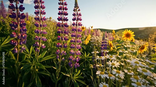 Vibrant Wildflower Meadow in Golden Hour Sunlight.