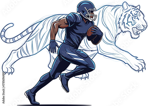 Football Player Running with Ghostly Sketch Outline Tiger Mascot