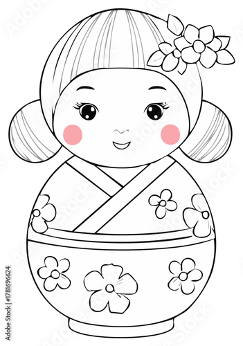 Charming Japanese Kokeshi Doll with Flower Motifs and Blush Cheeks