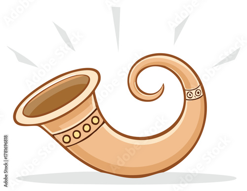 Stylized brown musical horn with decorative patterns emitting bright sound waves cartoon vector