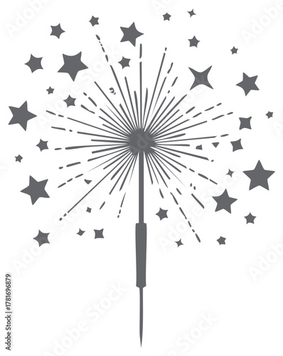 Gray sparkler with starburst effect and scattered stars on white background