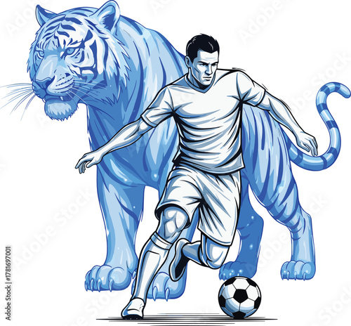 Monochrome Blue Soccer Player Dribbling with Stylized Tiger Mascot