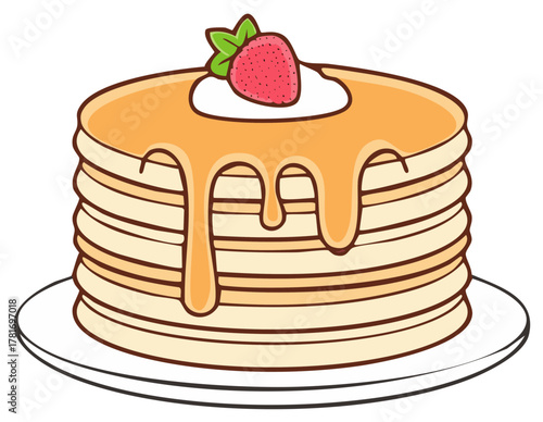 Pancake stack with maple syrup and strawberry breakfast cartoon vector