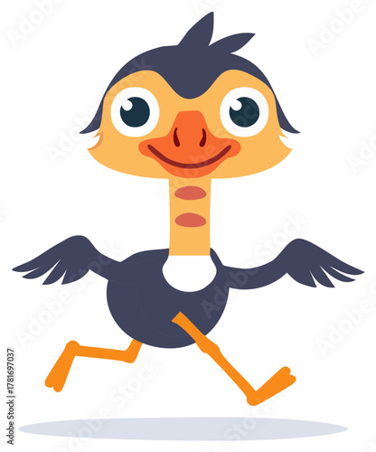 Cartoon ostrich running with happy expression and vibrant colors