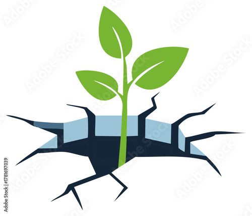 Green sprout emerges from dark cracked earth symbolizing new beginnings and resilience
